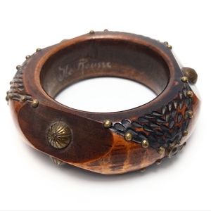 Vintage Boho French Carved Wood and Brass Souvenir Bangle Bracelet